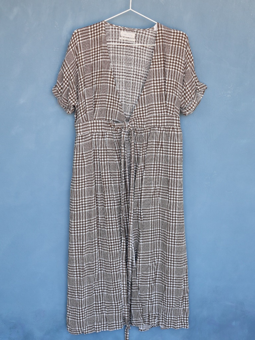 Urban Outfitters Gingham Wrap Dress | Midi Brown/Cream V-neck | Small